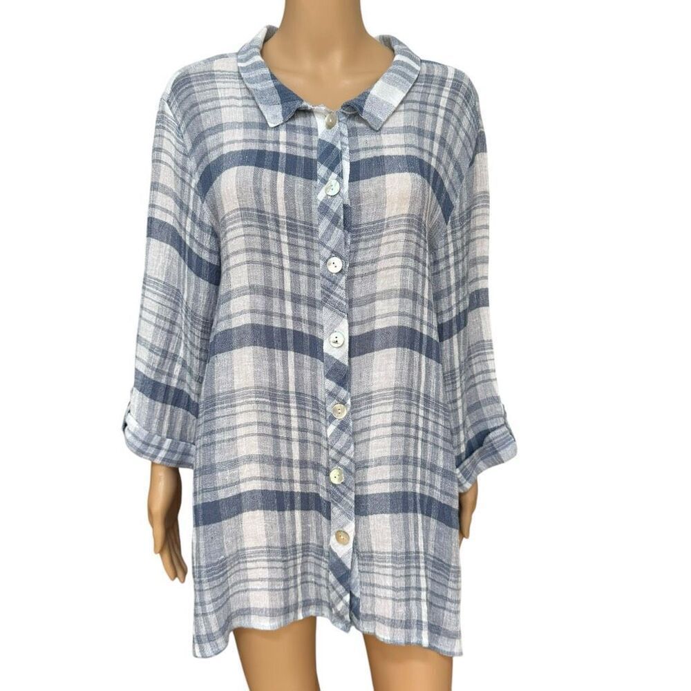 Habitat Linen Button Down Tunic blouse Blue Plaid size L